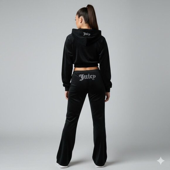 Juicy Couture Pants - Juicy Couture Womens M/L Low Waist Velour Rhinestone Logo Wide Leg Pants Black